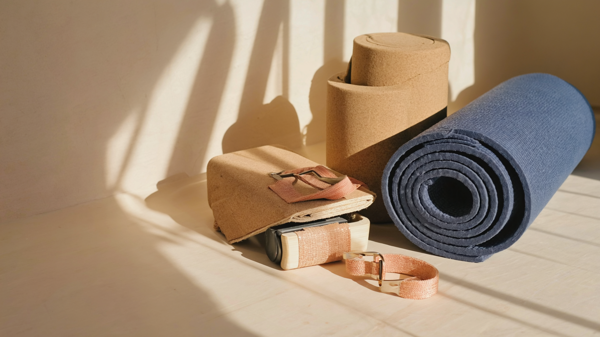 Korkblock, gefalteter Baumwollgurt und eine gerollte Yogamatte auf einem hellen Studioboden im seitlichen Morgenlicht.