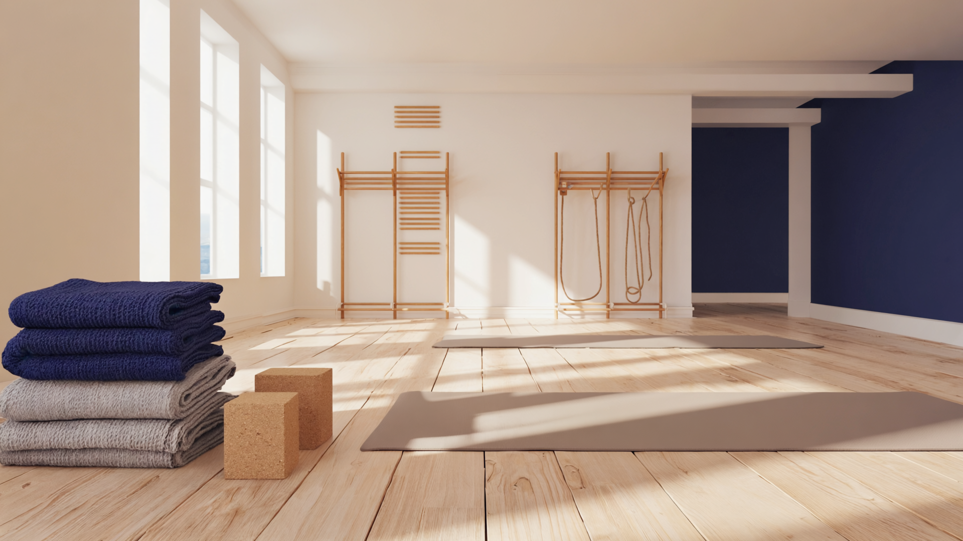 Leerer Studioraum mit Holzdielen, einer Sprossenwand und gefalteten Wolldecken im warmen Spätnachmittagslicht.